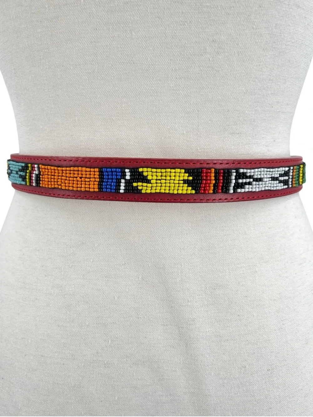 Justin Vintage Red Leather Beaded Belt Multicolor Seed Bead Western Boho Size 28